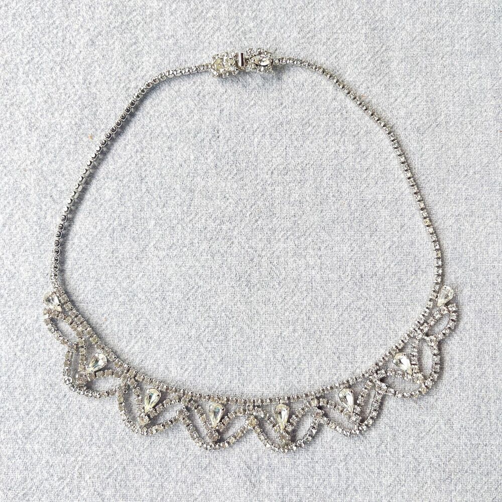 Vintage 1970s Rhinestone Drop Necklace Choker - Glam -Estate Costume Jewelry